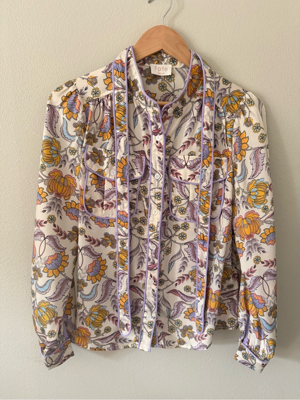 Fate Floral Tie-Neck Blouse in Cream, Yellow & Lavender never worn